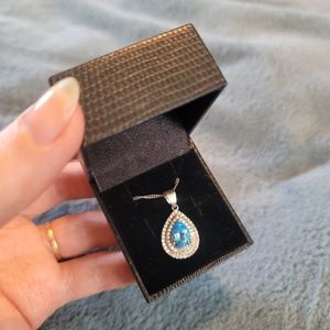 14k White Gold Plated Aquamarine Teardrop Necklace